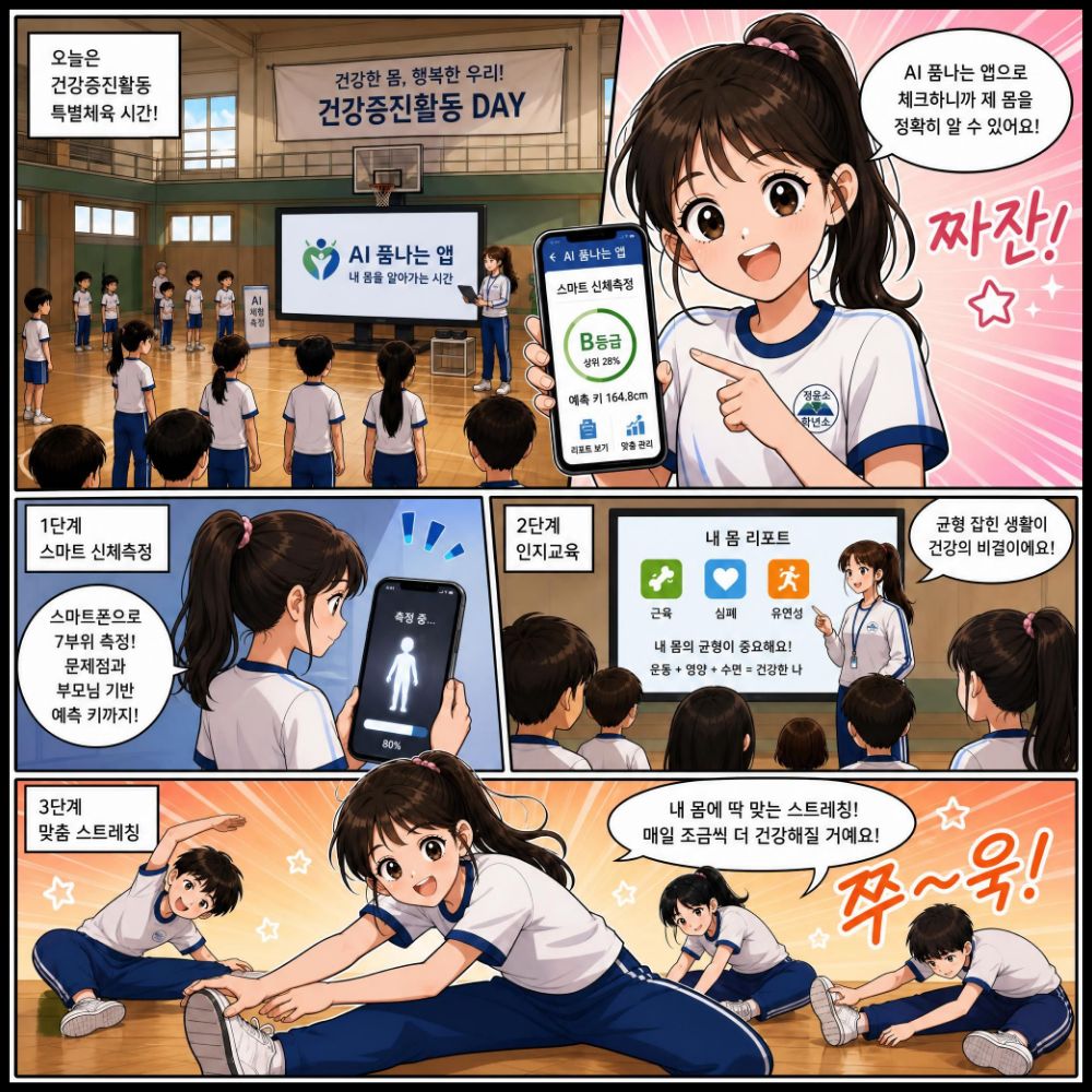 건강증진활동 DAY 학교 현장에서 AI 폼나는 앱을 사용하는 과정을 보여주는 웹툰